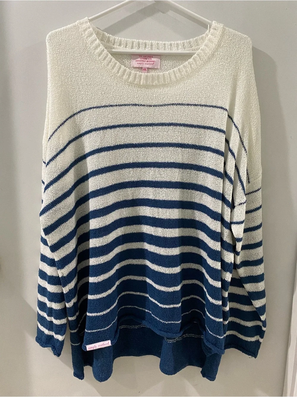 Simply Southern Striped Crewneck Sweater in White and Blue, size XXL - Picture 1 of 7